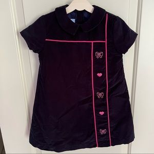 Bella Bliss girls 4 navy corduroy dress with pink hearts and bows. EUC.
